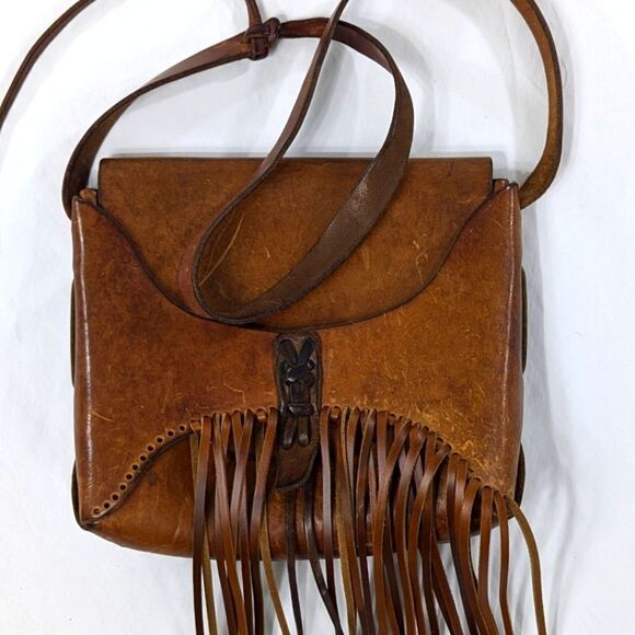 Vintage Tooled Leather Fringe Crossbody Bag - Picture 8 of 9